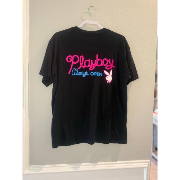 Playboy by PacSun Always Open Graphic Tee Sz M Black Neon Pink Blue Bunny Logo - Picture 2 of 6